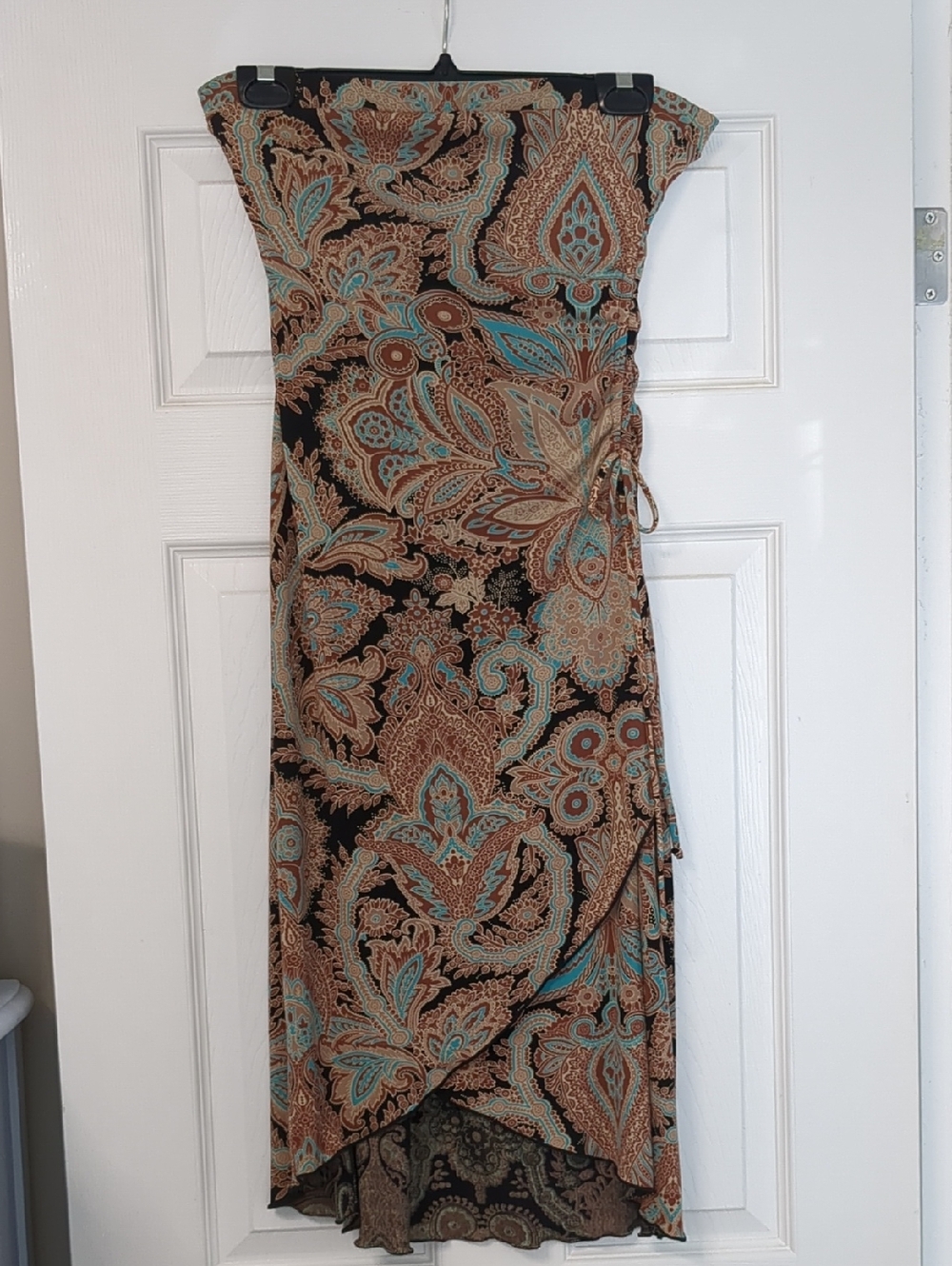 Strapless Paisley Wrap Dress in Brown and Teal